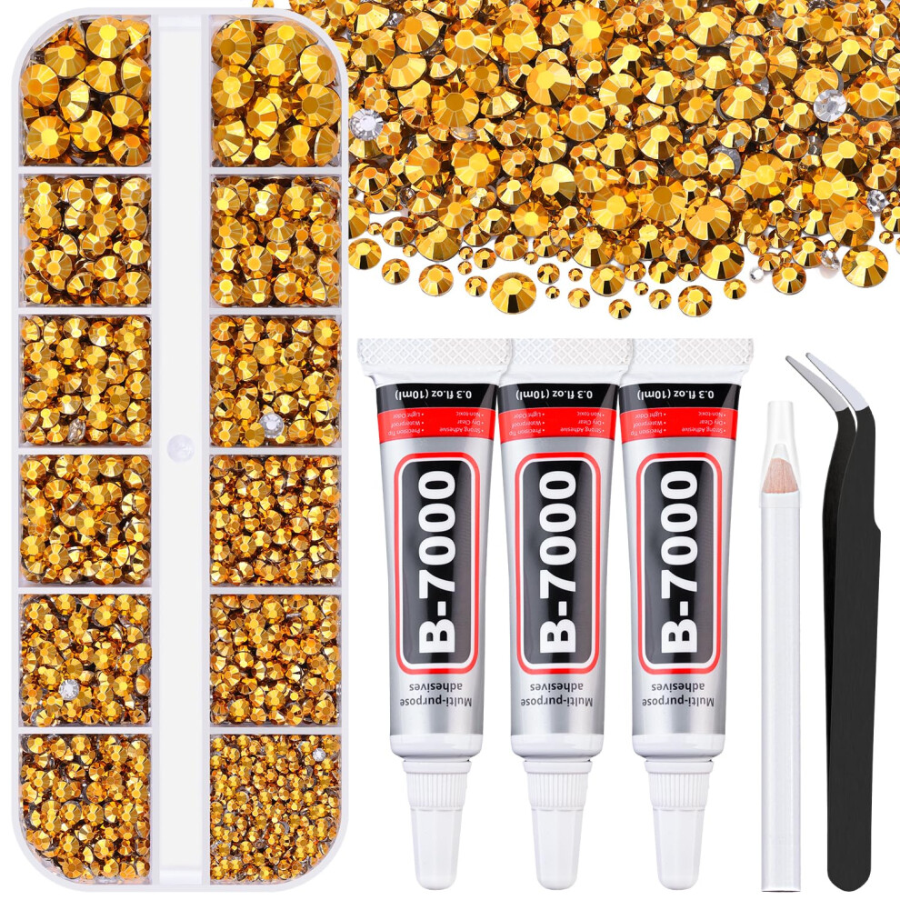 Belleboost Gold 6000Pcs Resin Rhinestones For Bedazzling With 3Pcs B7000 Jewelry Glue, 1 Box Mine Flatback Rhinestones For Crafting Crafts Diy, Crystals Gems For