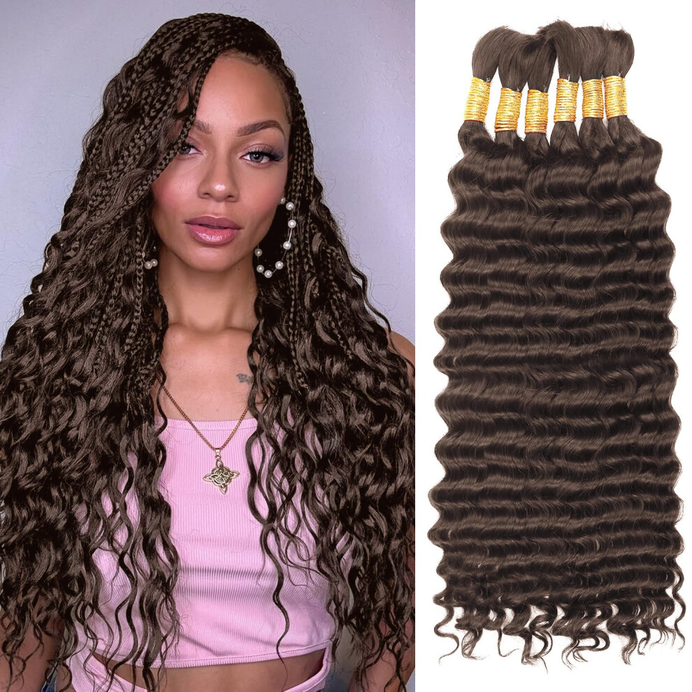 Cyorhrt Chocolate Brown Human Braiding Hair For Boho Braids,150G 14 Inch 6Bundles Brown Deep Water Wave Bulk Boho Curly Human Hair Bundle For Braiding,No Weft