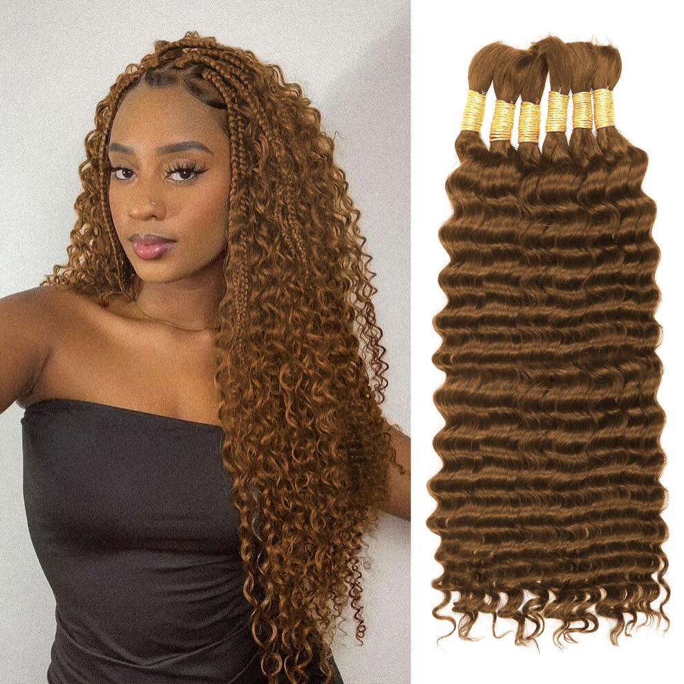 Cyorhrt Brown Human Braiding Hair For Boho Braids,150G 14 Inch 6 Bundles # 30 Deep Water Wave Bulk Boho Curly Human Hair Bundle For Braiding,12 A Auburn No We