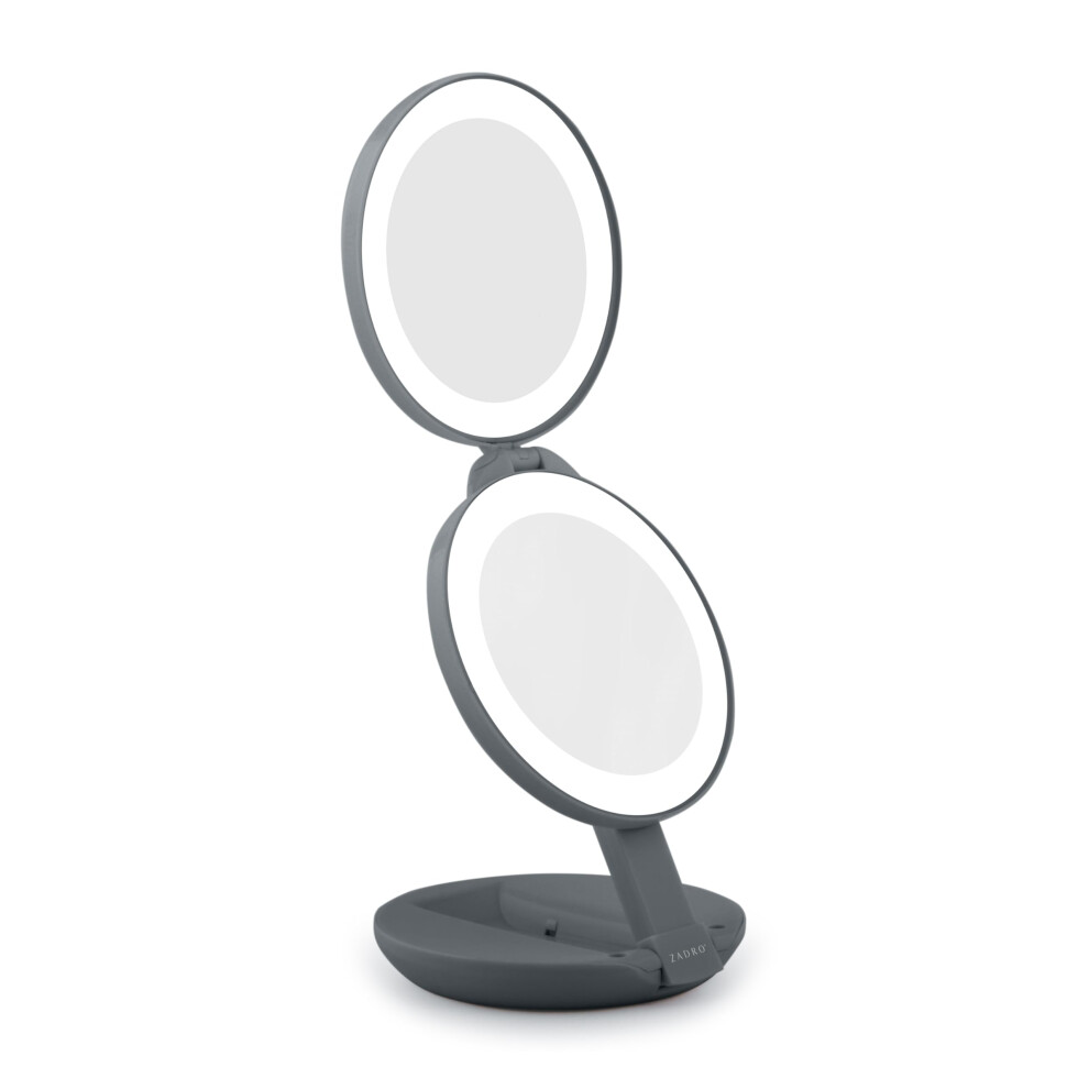 Zadro Compact Travel Makeup Mirror With Lights, 10X/1X Dual Magnification, Led Lighted Folding Design, Battery Operated Portable Mirror For Purse, Des