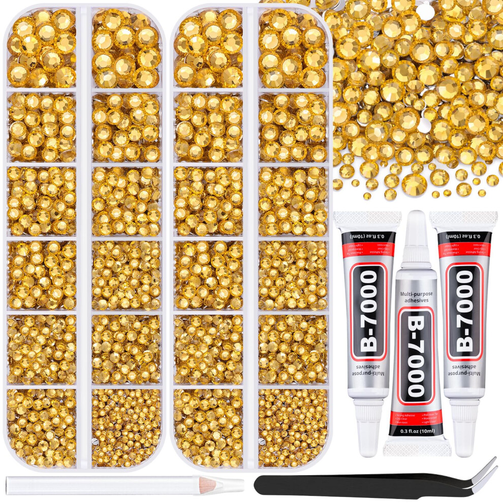 Belleboost Golden 12000Pcs Resin Rhinestones For Bedazzling With 3Pcs B7000 Jewelry Glue, 2 Boxes Flatback Rhinestones For Crafting Crafts Diy, Crystals Gems For