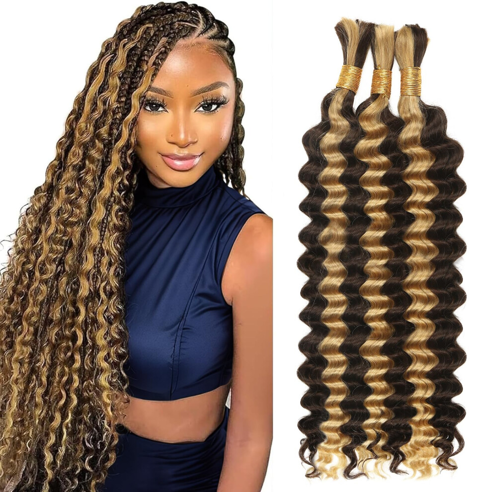 Cyorhrt Human Braiding Hair For Boho Braids,150G 22 Inch 3 Bundles Highlight Deep Water Wave Bulk Boho Curly Human Hair Bundle For Braiding,4/27 Honey Blonde