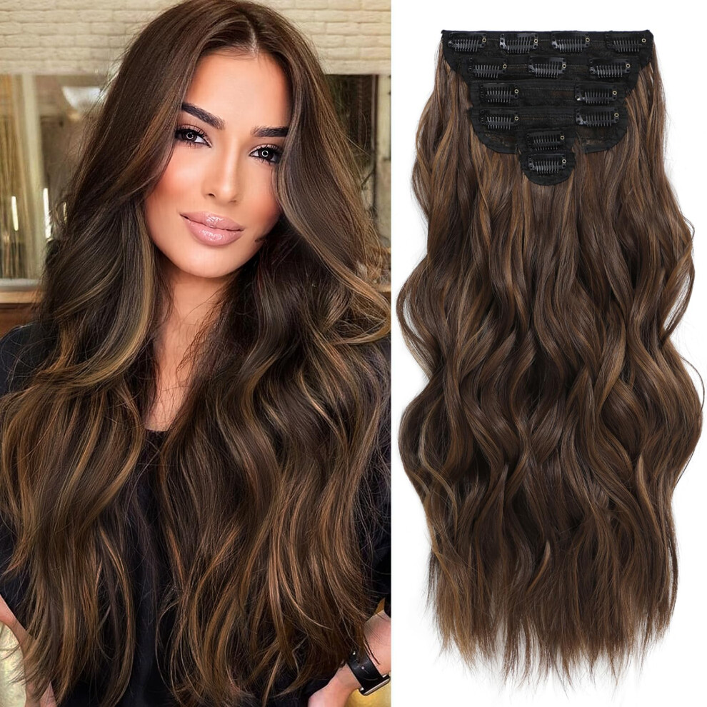 Fliace Highlight Balayage Dark Brown Hairpieces, Natural & Blends Well Clip In Hair Extensions (24Inch, 6Pcs, Light Brown&Honey Blonde)