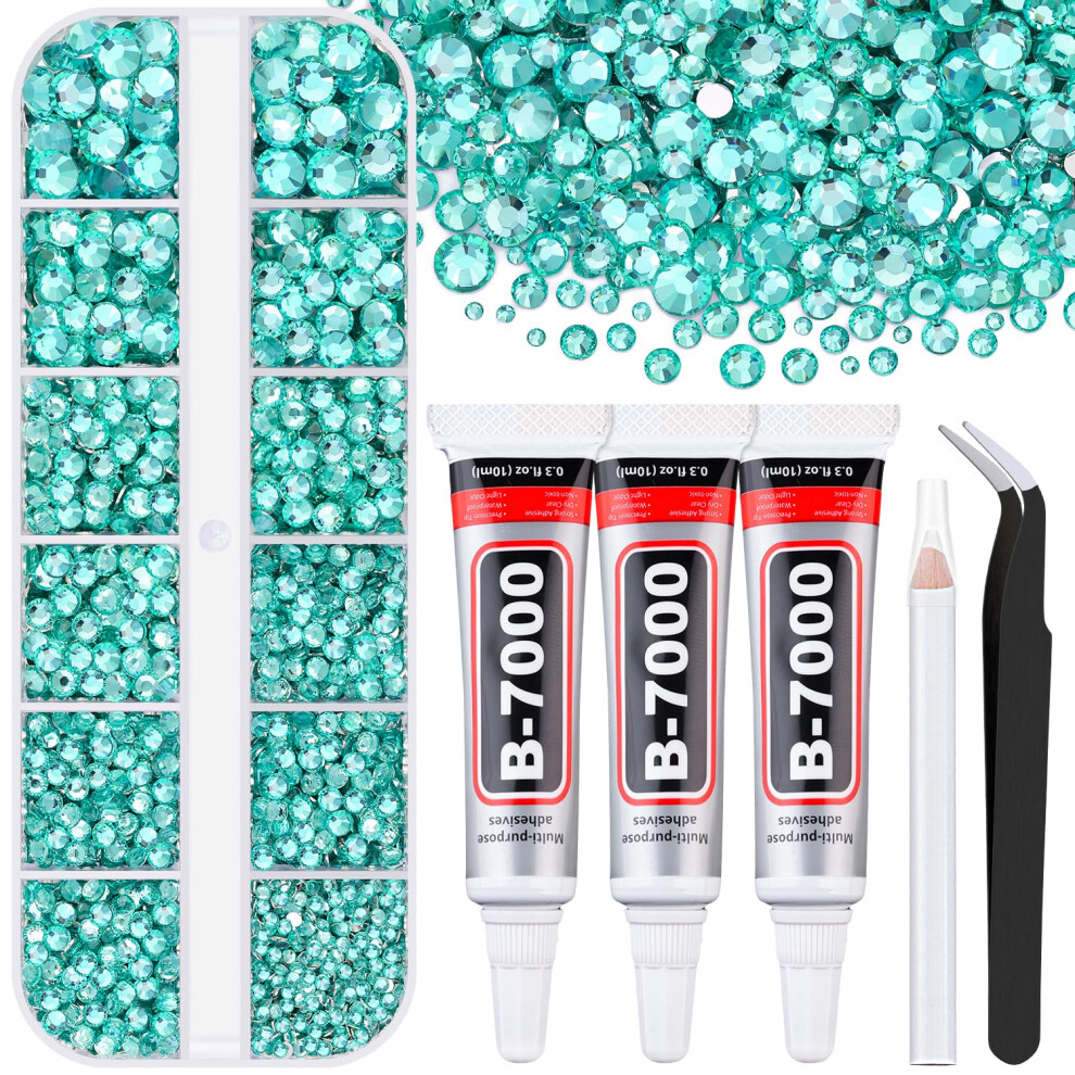 Belleboost 6000Pcs Resin Rhinestones For Bedazzling With 3Pcs B7000 Jewelry Glue, 1 Box Aquamarine Flatback Rhinestones For Crafting Crafts Diy, Crystals Gems Fo