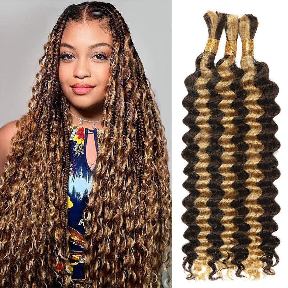 Cyorhrt Human Braiding Hair For Boho Braids,150G 14 Inch 3 Bundles Highlight Deep Water Wave Bulk Boho Curly Human Hair Bundle For Braiding,4/27 Honey Blonde