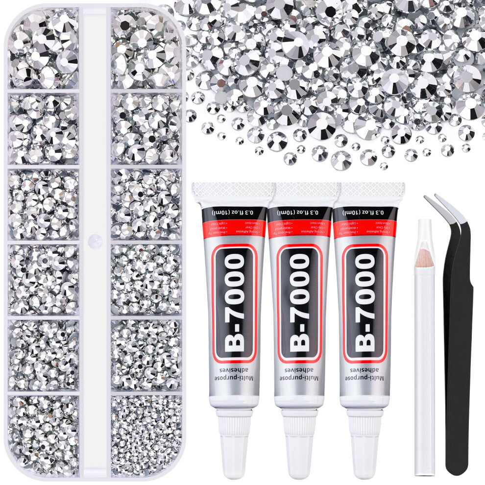 Belleboost Silver 6000Pcs Resin Rhinestones For Bedazzling With 3Pcs B7000 Jewelry Glue, 1 Box Flatback Rhinestones For Crafting Crafts Diy, Crystals Gems For Cl
