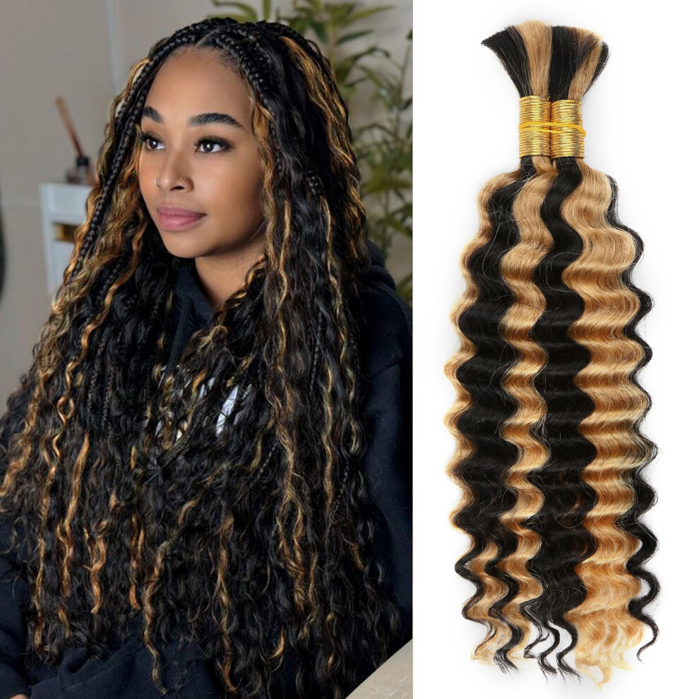 Anmanbeauty Unisex Human Braiding Hair 22 Inch 100G 1B/27 Ombre Highlight Deep Wave Human Hair For Boho Knotless Braids Curly No Weft Wet And Wavy Braiding Hair (1B/27)