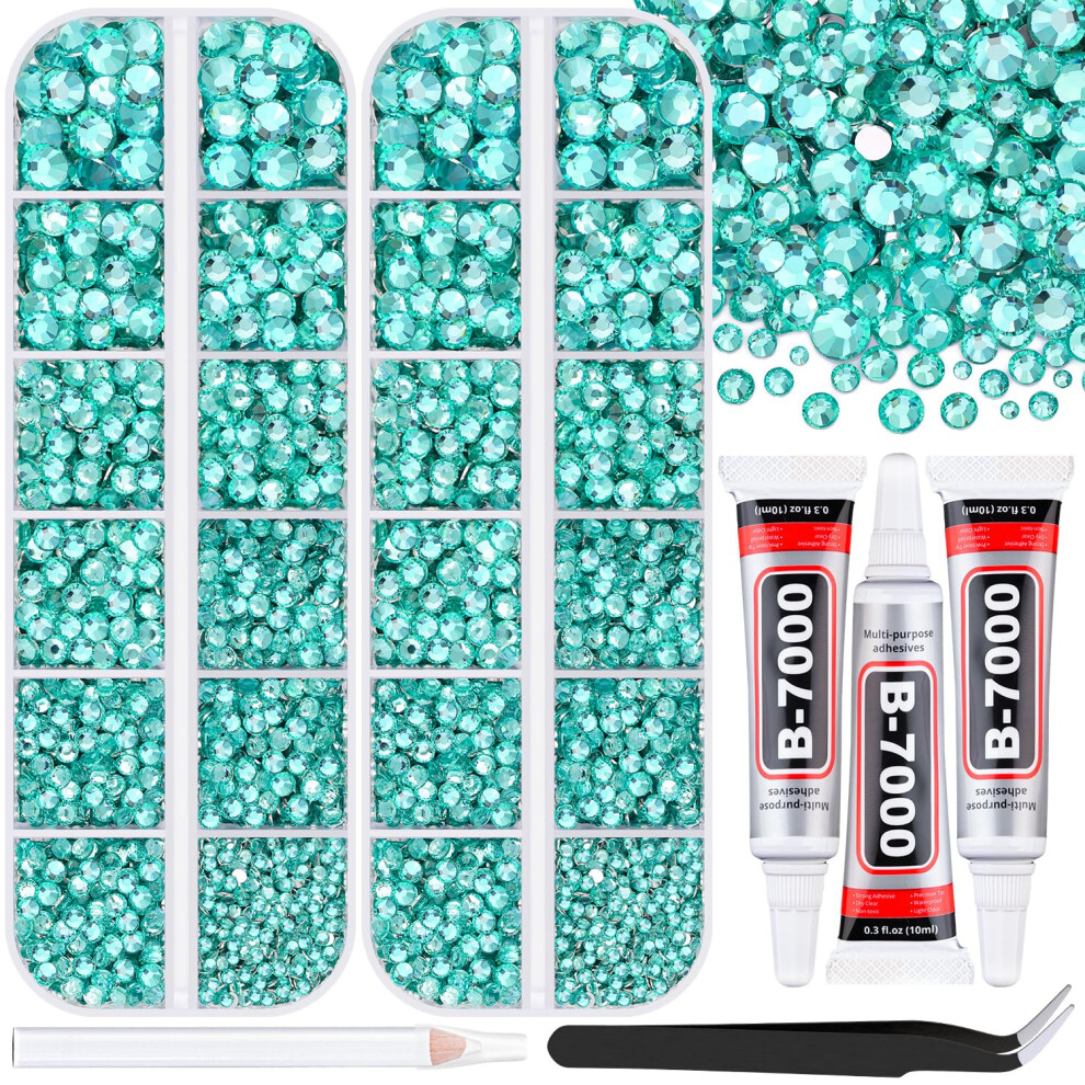 Belleboost 12000Pcs Resin Rhinestones For Bedazzling With 3Pcs B7000 Jewelry Glue, 2 Boxes Aquamarine Flatback Rhinestones For Crafting Crafts Diy, Crystals Gems