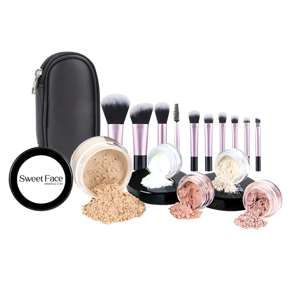 Sweet Face Minerals 16Pc Starter Kit With 10 Brushes Set (Fair 2) Mineral Makeup Bare Face Loose Powder Includes Matte Foundation, Veil Primer, Blush, Bronzer, Translucen