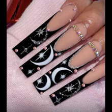 Gifiky Uñas Postizas Largas Francesas con Patrón Lunar 24Pcs Uñas Acrílicas Brillantes