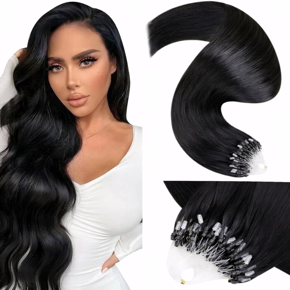 Laavoo Microlink Hair Extensions Human Hair Black Micro Beads Hair Extensions 20 Inch Jet Black Micro Loop Hair Extensions Real Human Hair Black Micro
