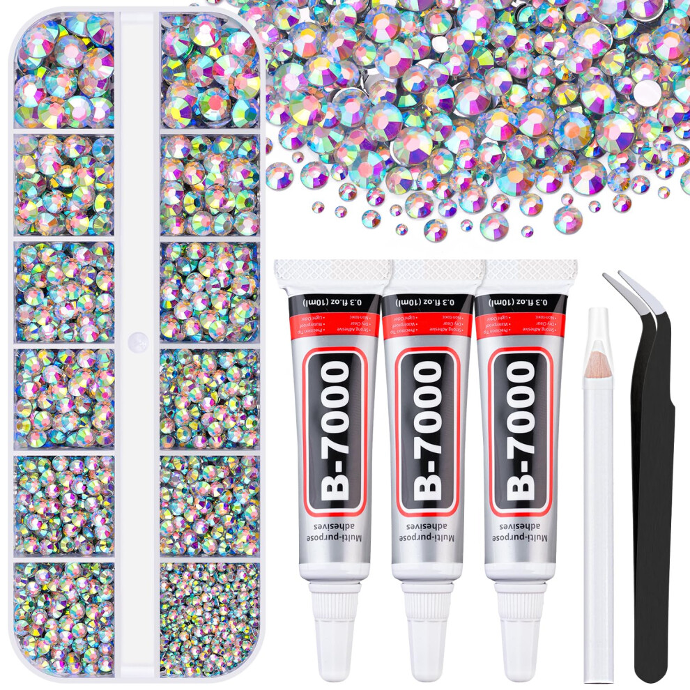 Belleboost 6000Pcs Resin Rhinestones For Bedazzling With 3Pcs B7000 Jewelry Glue, 1 Box Ab Flatback Rhinestones For Crafting Crafts Diy, Crystals Gems For Clothi