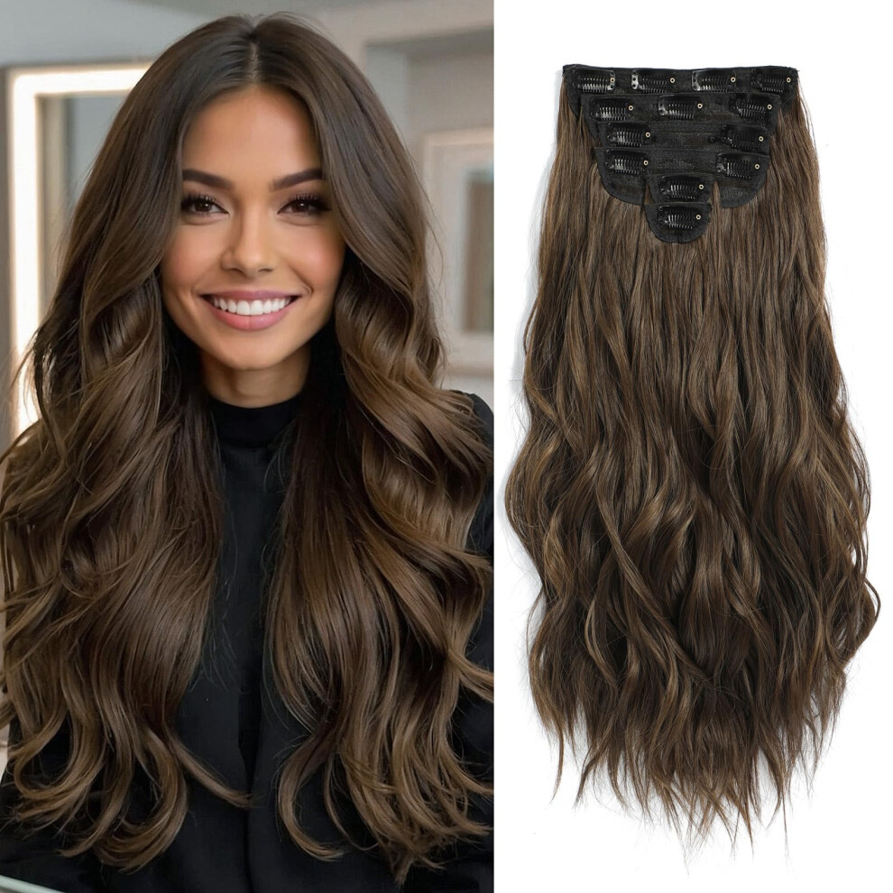 Fliace Clip In Hair Extensions, 6 Pcs Natural & Soft Hair & Blends Well Hair Extensions, Medium Brown Synthetic Long Wavy Hairpieces(24Inch, 6Pcs, Med