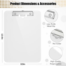 Hongri Plastic Clipboard with Pen Holder, White 8.5x11 Letter Size Clip Board for Classroom, Office, Students, Nurses and Women, Low Profile Clip