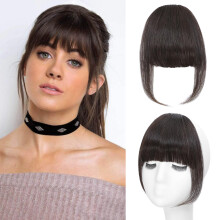 Carendia Bangs Hair Clip Human Hair Dark Brown French Bangs for Women Fringe with Temples Hairpieces Clip on Bangs for Daily Wear (Dark Brown, French