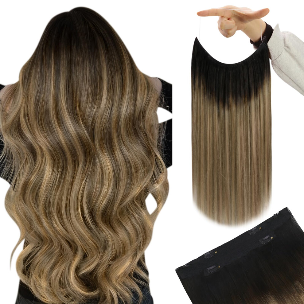 Youngsee Unisex Brown Wire Extensions Balayage Straight Fish Line Hair Extensions Dark Roots Blending Into Medium With Warm Blonde Highlights Wire Real