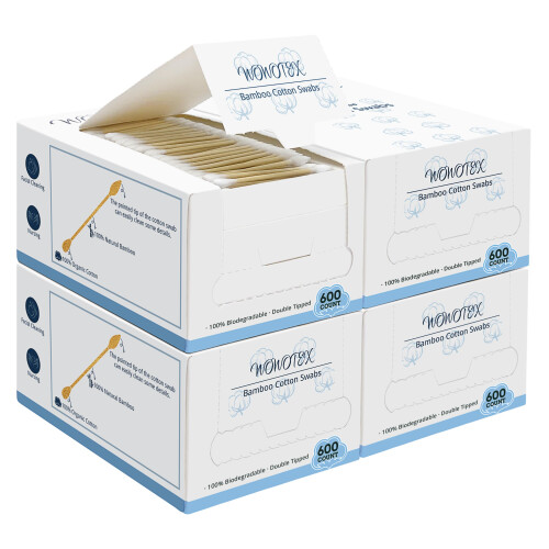 WOWOTEX Bastoncillos de Algodón de Bambú 2400 Piezas/4 Cajas, Punta Afilada y Redondeada, Bastones Biodegradables