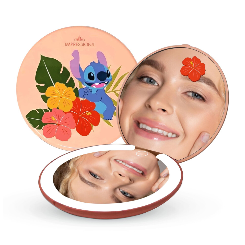 Impressions Vanity Disney Stitch Compact Mirror With Light, Double Sided Cute Travel Makeup Mirror With Magnification, Daylight Led Lighting, Adjustab