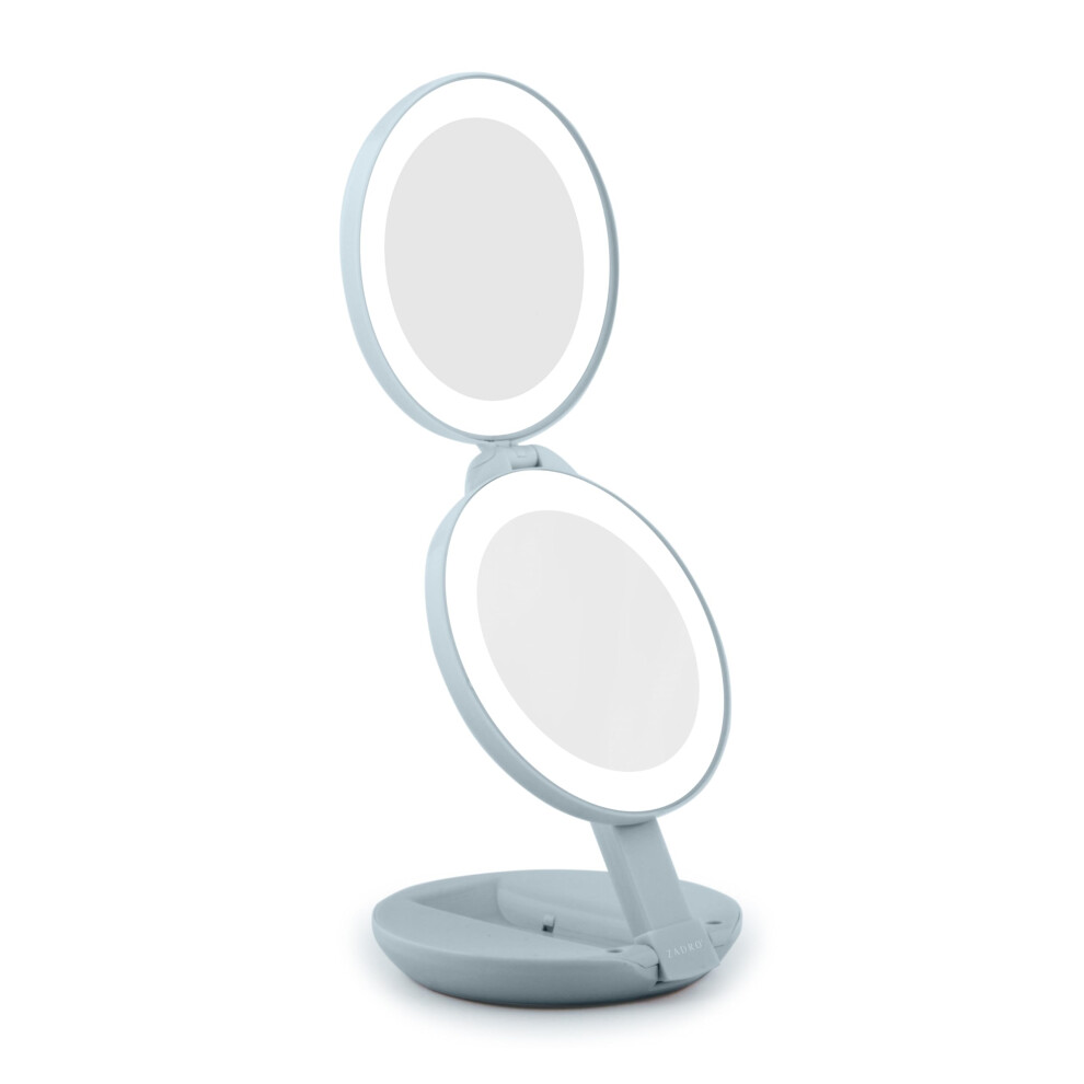 Zadro Compact Travel Makeup Mirror With Lights, 10X/1X Dual Magnification, Led Lighted Folding Design, Battery Operated Portable Mirror For Purse, Des
