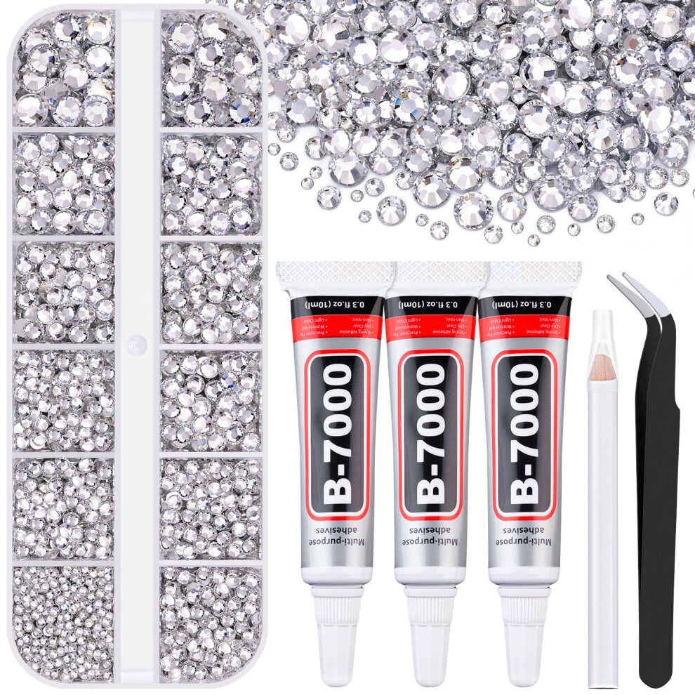 Belleboost 6000Pcs Resin Rhinestones For Bedazzling With 3Pcs B7000 Jewelry Glue, 1 Box Clear Flatback Rhinestones For Crafting Crafts Diy, Crystals Gems For Clo