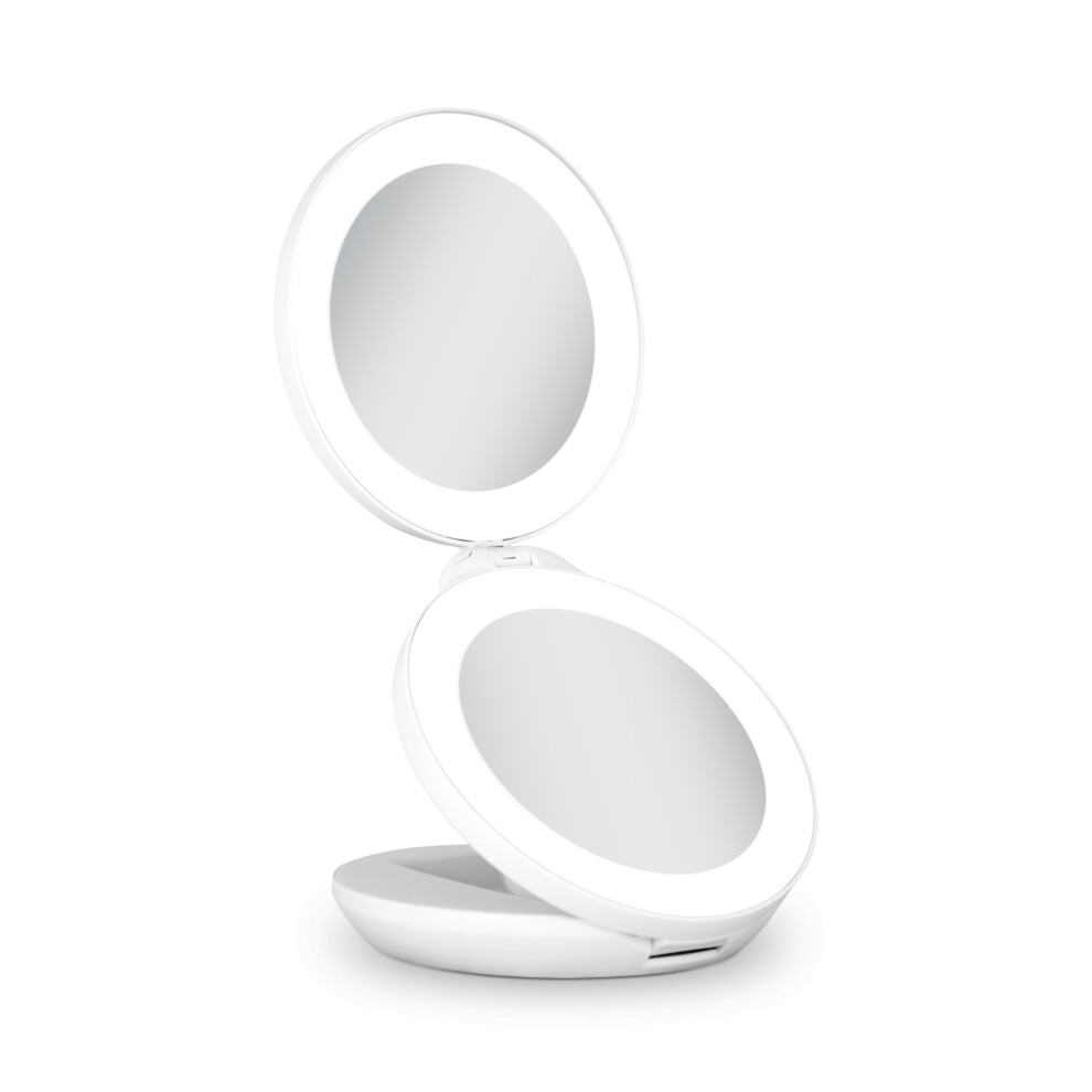 Zadro Compact Travel Makeup Mirror With Lights, 10X/1X Dual Magnification, Led Lighted Folding Design, Battery Operated Portable Mirror For Purse, Des