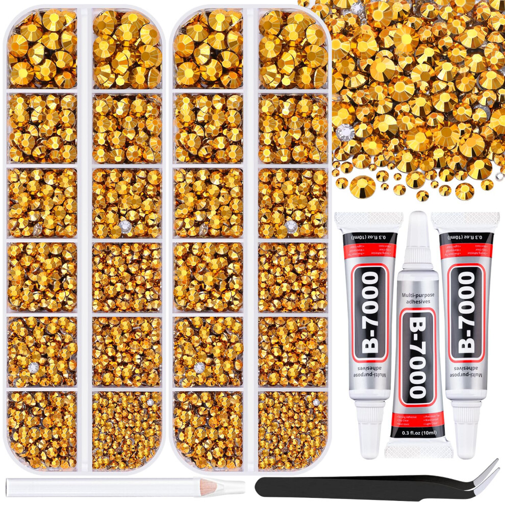 Belleboost Gold 12000Pcs Resin Rhinestones For Bedazzling With 3Pcs B7000 Jewelry Glue, 2 Boxes Mine Flatback Rhinestones For Crafting Crafts Diy, Crystals Gems