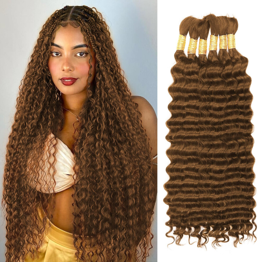 Cyorhrt Brown Human Braiding Hair For Boho Braids,150G 22 Inch 6 Bundles # 30 Deep Water Wave Bulk Boho Curly Human Hair Bundle For Braiding,12 A Auburn No We
