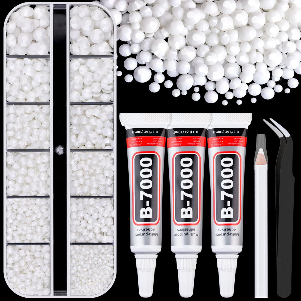 Belleboost White 6000Pcs Resin Rhinestones For Bedazzling With 3Pcs B7000 Jewelry Glue, 1 Box Flatback Rhinestones For Crafting Crafts Diy, Crystals Gems For Clo