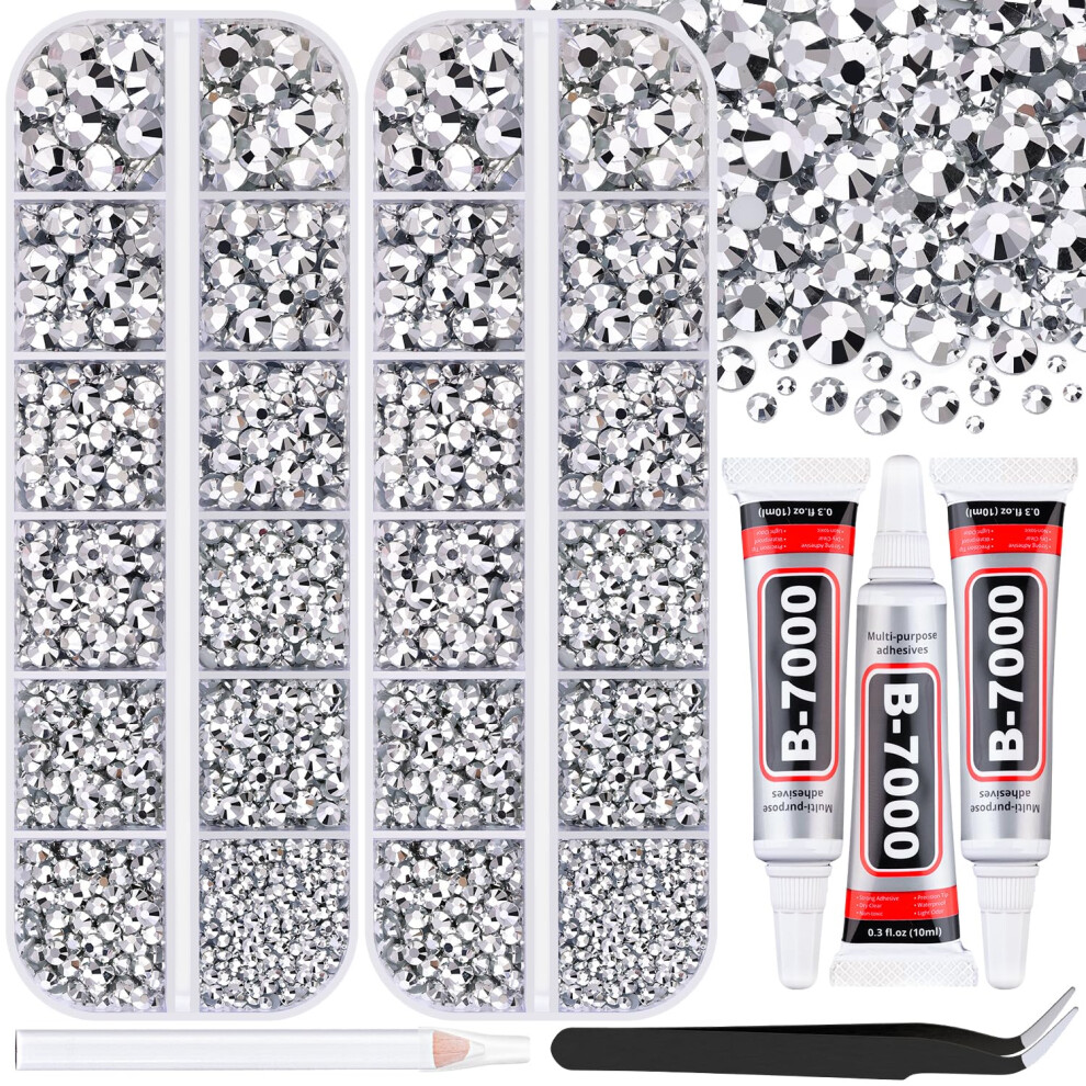 Belleboost Silver 12000Pcs Resin Rhinestones For Bedazzling With 3Pcs B7000 Jewelry Glue, 2 Boxes Flatback Rhinestones For Crafting Crafts Diy, Crystals Gems For
