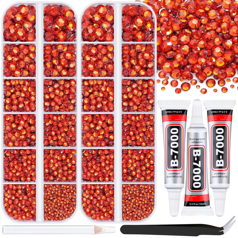 Belleboost Red 12000Pcs Resin Rhinestones For Bedazzling With 3Pcs B7000 Jewelry Glue, 2 Boxes Zircon Flatback Rhinestones For Crafting Crafts Diy, Crystals Gems
