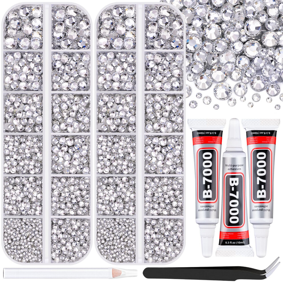Belleboost 12000Pcs Resin Rhinestones For Bedazzling With 3Pcs B7000 Jewelry Glue, 2 Boxes Clear Flatback Rhinestones For Crafting Crafts Diy, Crystals Gems For
