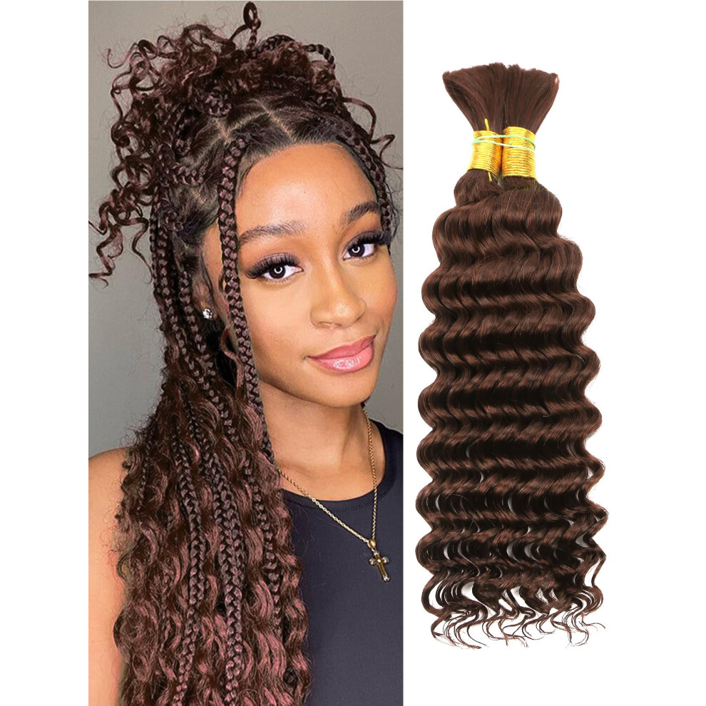 Clong Chocolate Brown Human Braiding Hair Deep Wave Bulk, 4# Color No Weft Curly Braiding Hair Extensions For Boho Braids Wet And Wavy Braiding Human Hair B