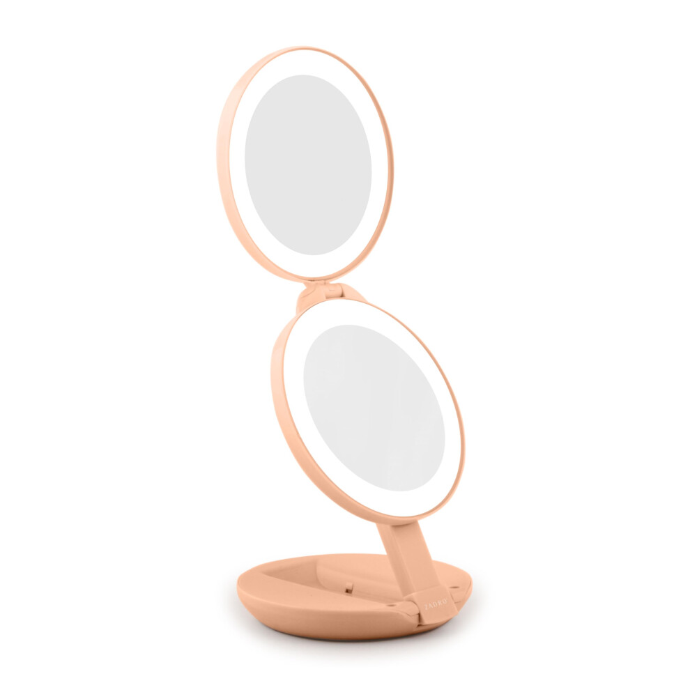 Zadro Compact Travel Makeup Mirror With Lights, 10X/1X Dual Magnification, Led Lighted Folding Design, Battery Operated Portable Mirror For Purse, Des