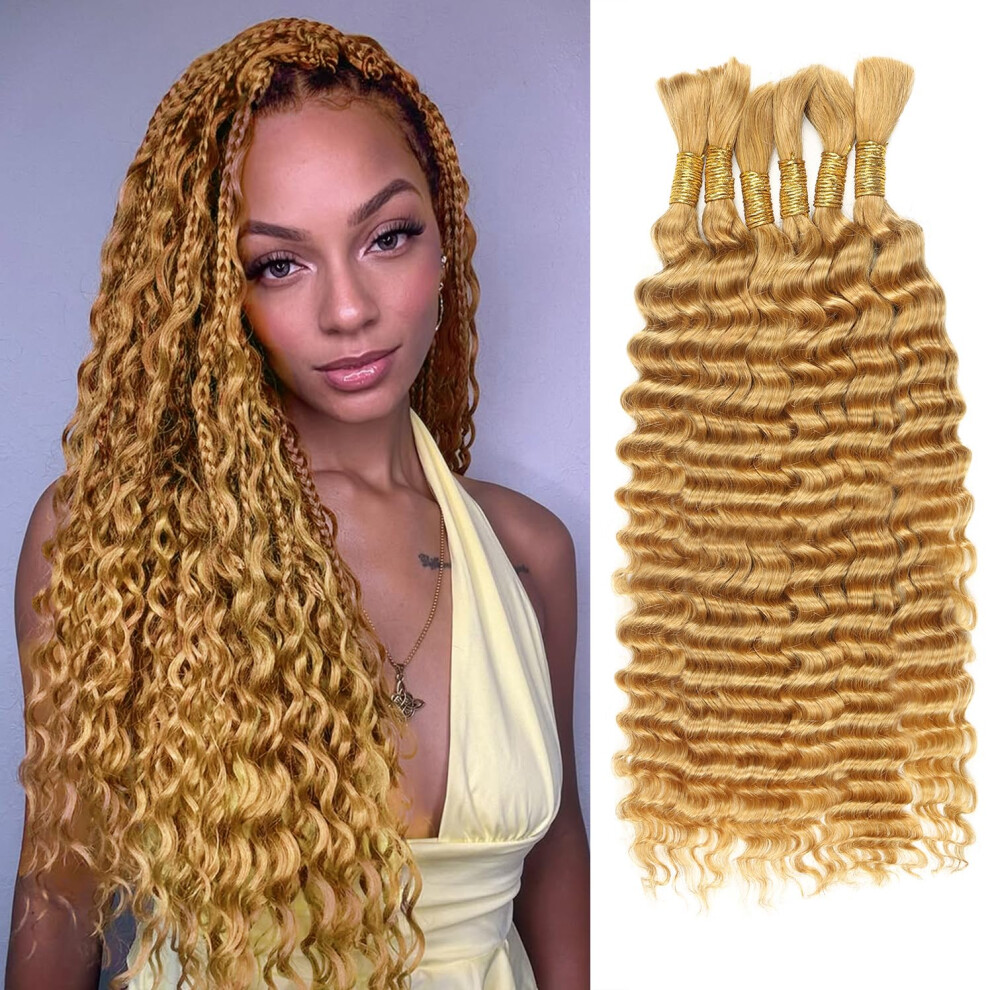 Cyorhrt Honey Blonde Human Braiding Hair For Boho Braids,150G 14 Inch 6 Bundles Blonde Deep Water Wave Bulk Boho Curly Human Hair For Braiding, 27# No Weft We