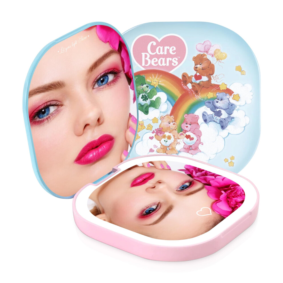 Impressions Vanity Care Bears Led Compact Mirror For Purse, Lighted Travel Makeup Mirror With 3X Magnification, Auto Shut Off Daylight Led Lighting, A