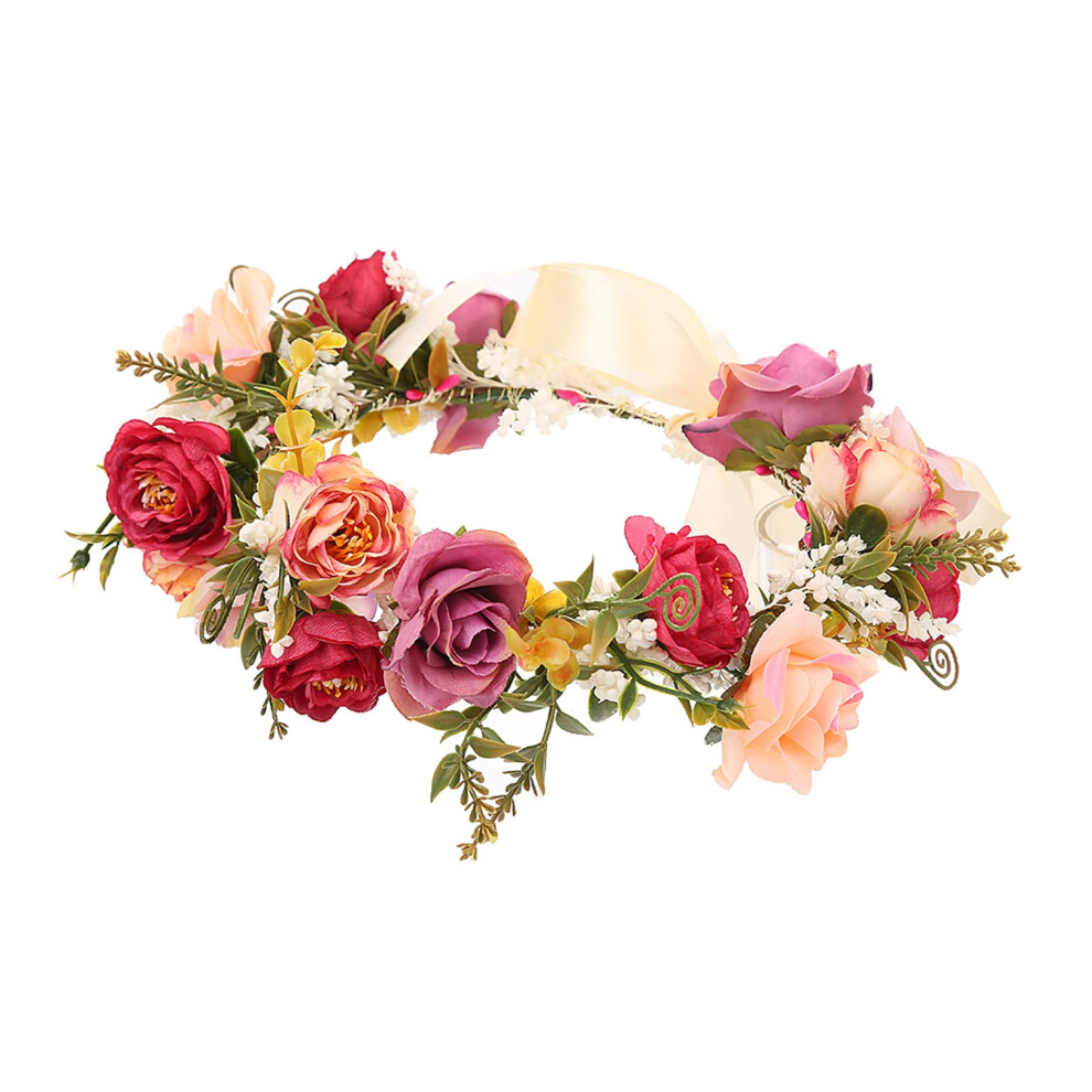 Llinfflr Unisex Rose Flower Crown Bridal Floral Headband Hair Wreath Flower Headpiece Halo Boho With Ribbon Wedding Party Festival Photos