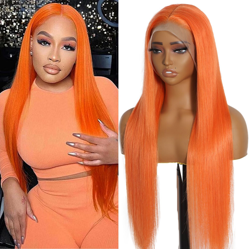 Origen Unisex Orange,Black Ginger Orange Lace Front Human Hair Wigs With Baby Hair For Black Women Pre Plucked Straight Colored 13X6 Lace Frontal Glueless Wig 38 Inch 180