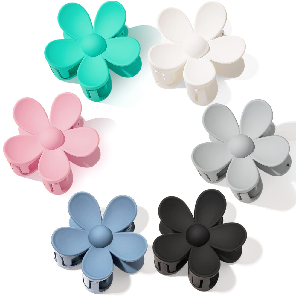 Majomi Hair Clip, 6 Pcs Hair Claws For Women And Girls, Large Flower Matte Hair Clips With Strong Hold Jaw Clamps For Thick & Thin Hair, 6 Colors - Pe