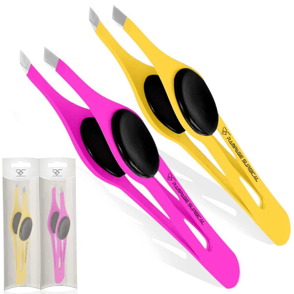 Rampage Surgical Professional Eyebrow Tweezers Pointed Tip Stainless Steel 2 Pcs Set, Non-Slip Grip Slant Tip Tweezers For Facial Hair, Plucking Removing Ingrown Hairs