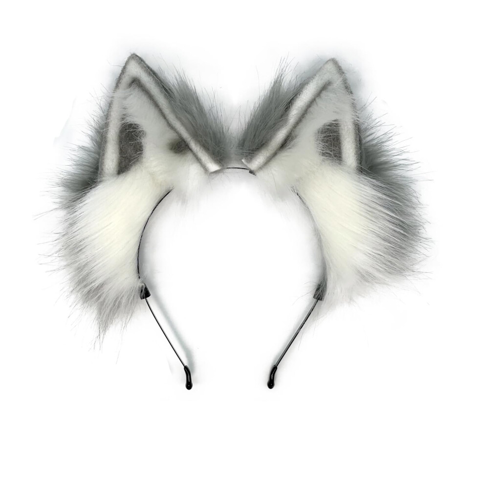 Cofowo Unisex White,Grey Cat Fox Wolf Ears Headband,Furry Ears, Wolf Ears Cosplay Costume, Halloween Christmas Animal Cosplay (Grey White)