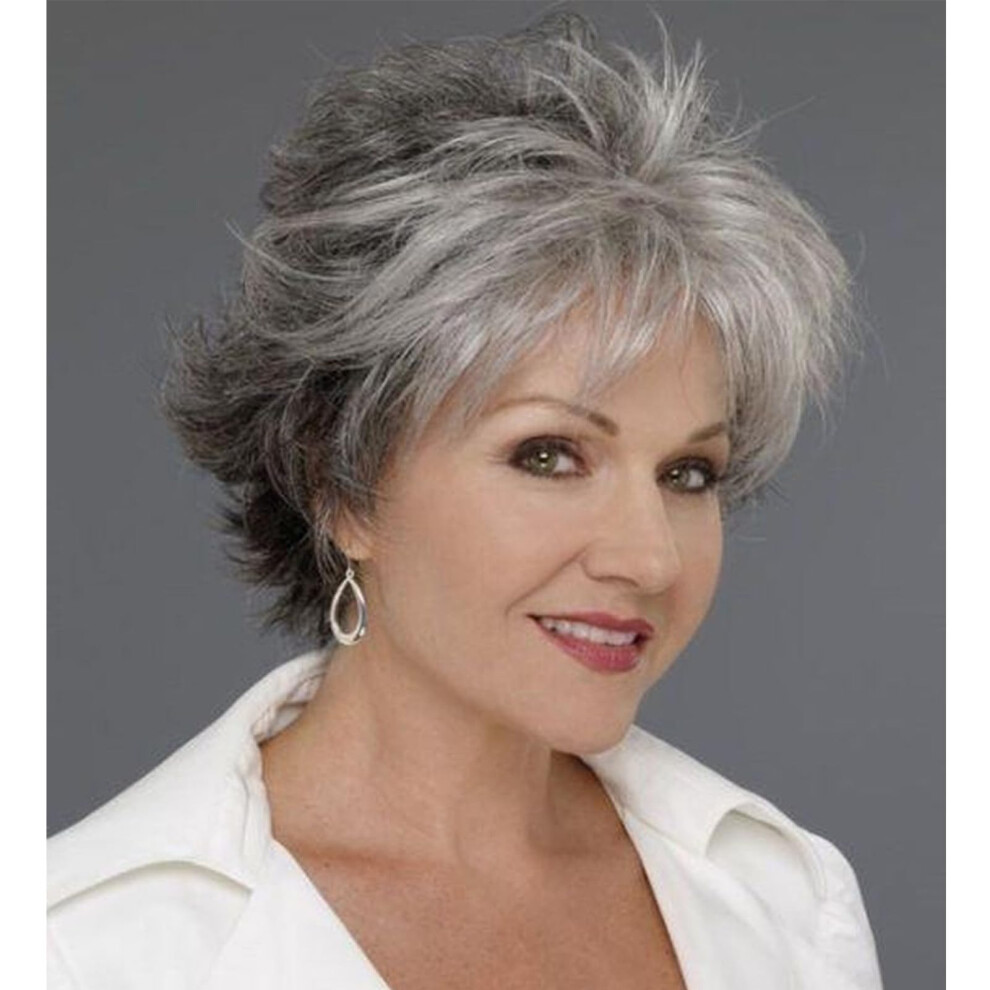 Scentw Unisex White,Black,Grey Short Mixed Grey Wigs For White Women Layered Natural Wavy Synthetic Wig With Bangs Ladies Pixie Cut Wigs Black Mixed Gray Curly Short Wig