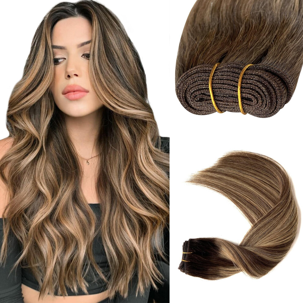 Ubetta Unisex Brown Sew In Hair Extensions Real Human Hair, Weft Hair Extensions Human Hair Bundles 16Inch 100G Ombre Balayage Caramel Blonde Hair Extensions Real H