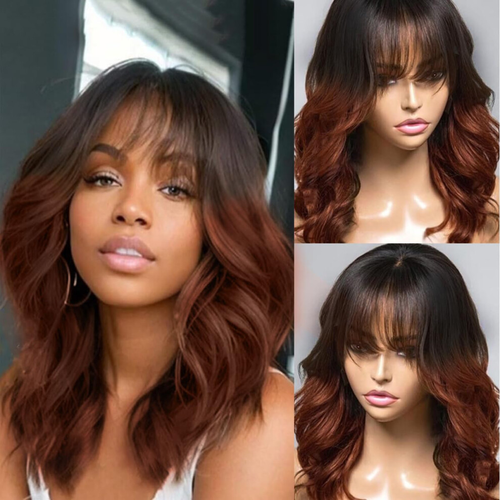 Khy.jnm Unisex Brown Ombre Layered Cut Wavy Human Hair Wig With Bangs 13X6 Hd Invisible Lace Front Wig Pre Plucked For Women Glueless Wig Brazilian Remy Hair