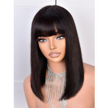 MURAME Perruque Bob Cheveux Humains 210% Densité avec Frange 100% Cheveux Humains pour Femmes Noires (14 Pouces, Noir)
