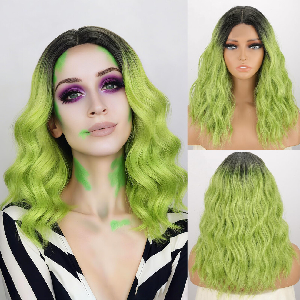 Missqueen Unisex Green 18Inch Wig Dark Roots Ombre Wigs Short Curly Wavy Middle Part Wig Heat Resistant Synthetic Hair For Women Everyday Hairstyle Cos