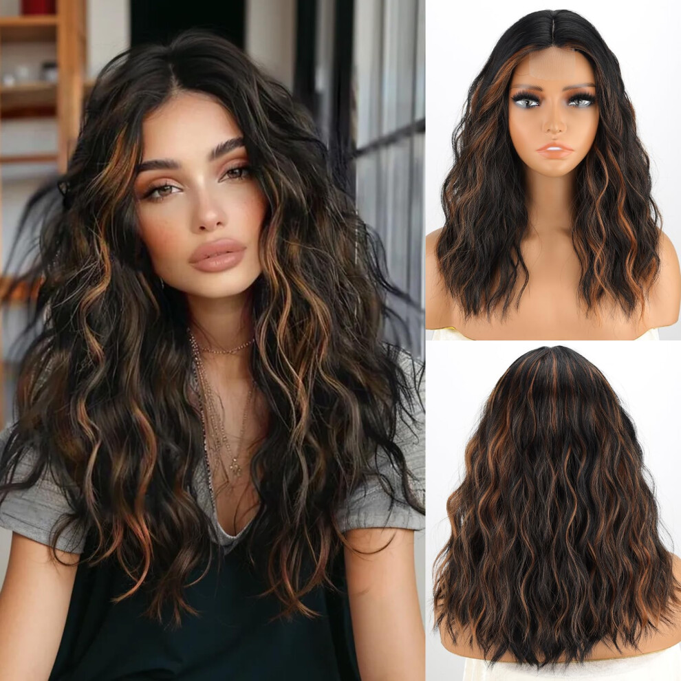 Missqueen Unisex Black Highlight Wig 18 Inch Short Wavy Wigs For Women Middle Part Synthetic Curly Heat Resistant Fiber Wigs For Everyday Hairstyle Cosplay P