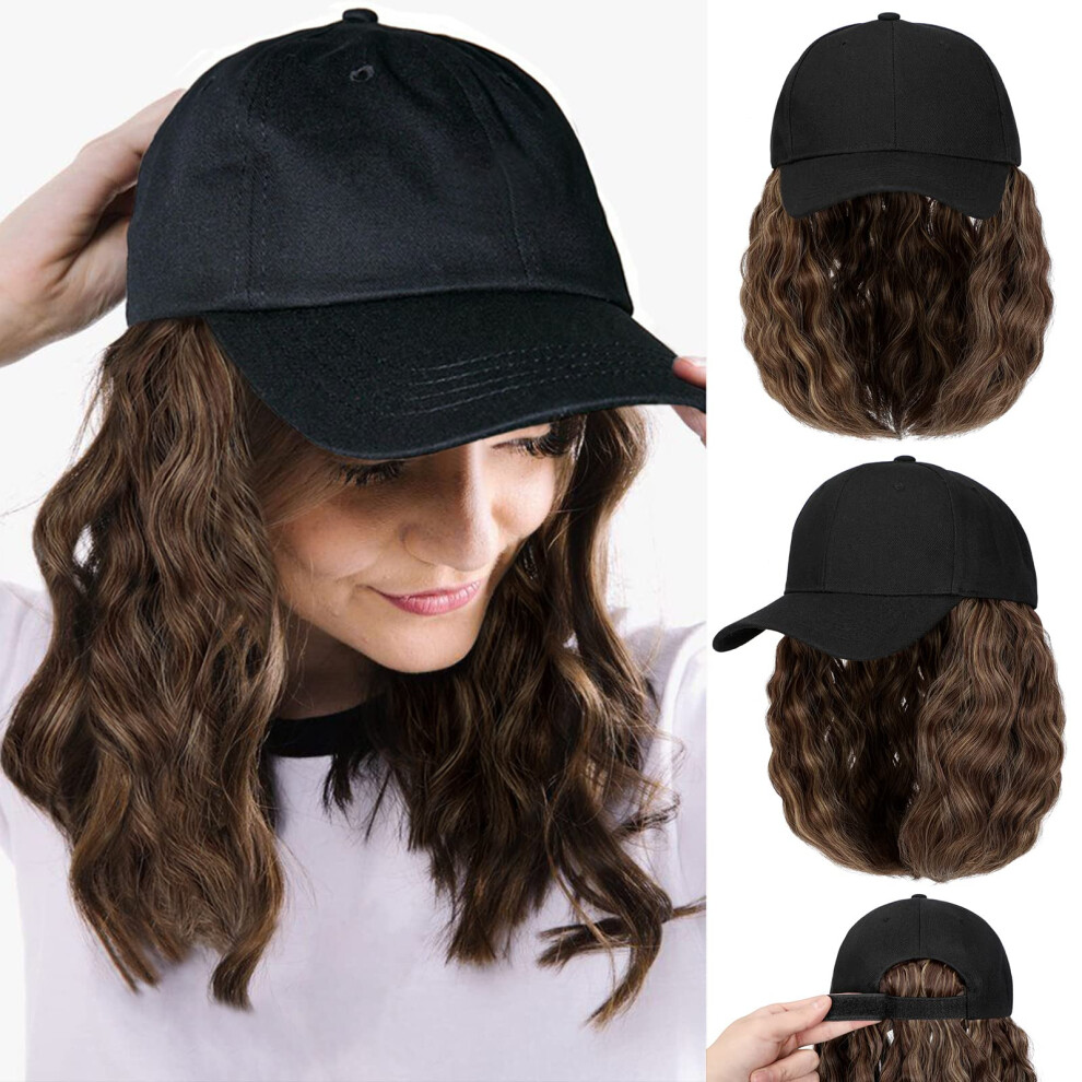 Qlenkay Baseball Cap With Hair Extensions 14Inch Wavy Curly Bob Hairstyle Adjustable Wig Hat Attached Synthetic Hairpiece For Woman Medium Blonde Mix