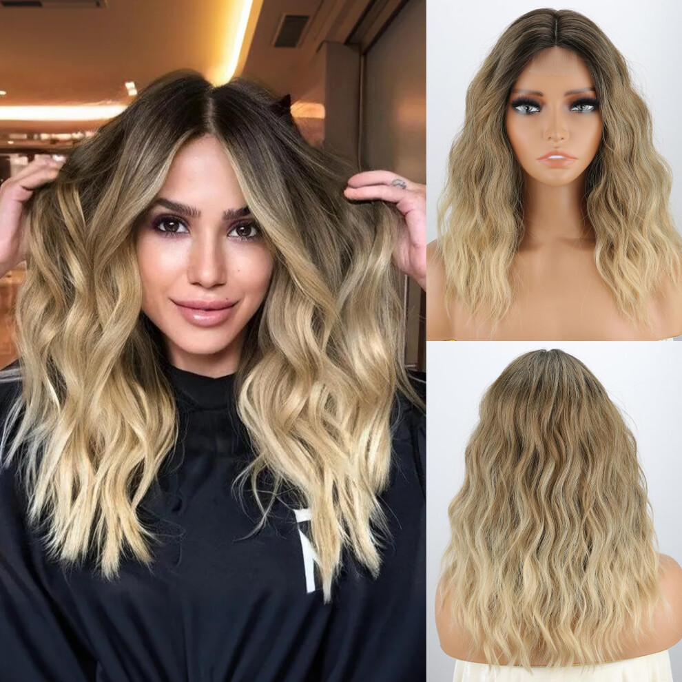 Missqueen Unisex Medium Length Ombre Blonde Wavy Wig Short Curly Blond Wig For Women Synthetic Middle Part Heat Resistant Fiber Blonde Hair Wigs For Everyday