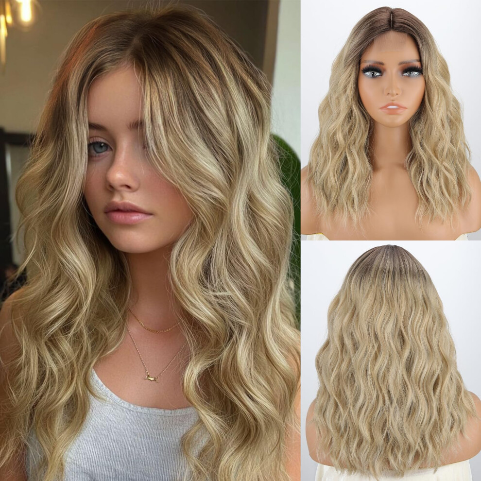 Missqueen Unisex Ombre Blonde Short Wavy Wig For Women Medium Length Bob Style Synthetic Curly Blonde Hair Wig Middle Part Heat Resistant Fiber Wigs For Ever