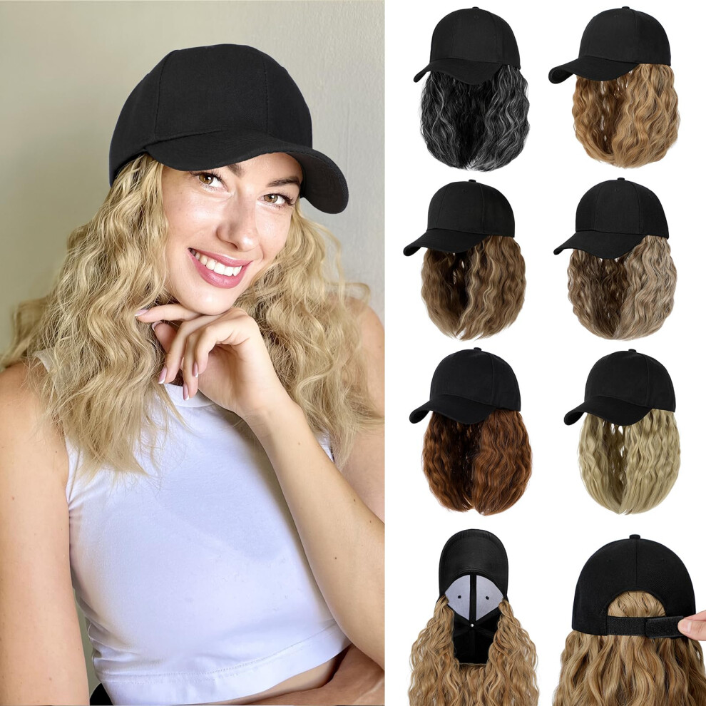 Cephermer Baseball Hat Wig,Hat With Hair Attached 16'' Adjustable Black Cap With Wavy Curly Synthetic Bob Hair Extensions For Women Girls(Light Brown